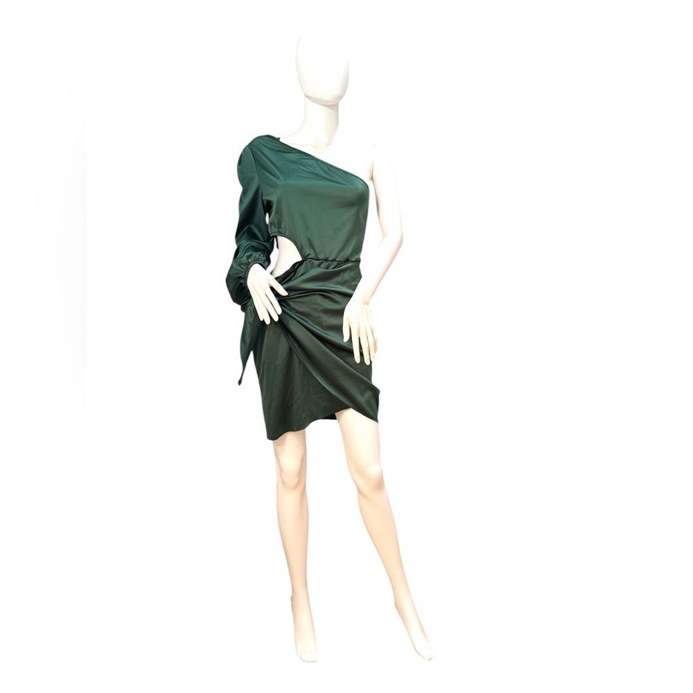 SHEIN Green One-Shoulder Cutout Wrap Mini Satin Dress Size Large Party Cocktail